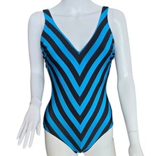 Vintage 70's 80's blue  black chevron pattern one-piece swimsuit from DeWeese