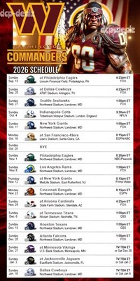 WASHINGTON COMMANDERS 2026 NFL Schedule LAMINATED LARGE DECAL 4" X 8"