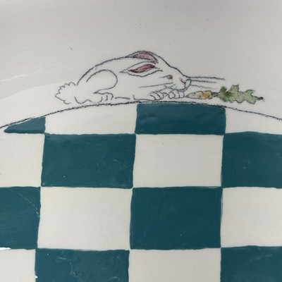 Vintage 1990  Checkmates  Easter Bunny Signed 18  Serving Platter Stoneware