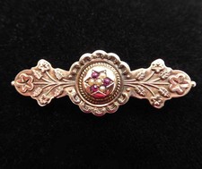 Victorian 9ct Gold Sweetheart Brooch Seed Pearls & Ruby 375 c1899 Etruscan Style