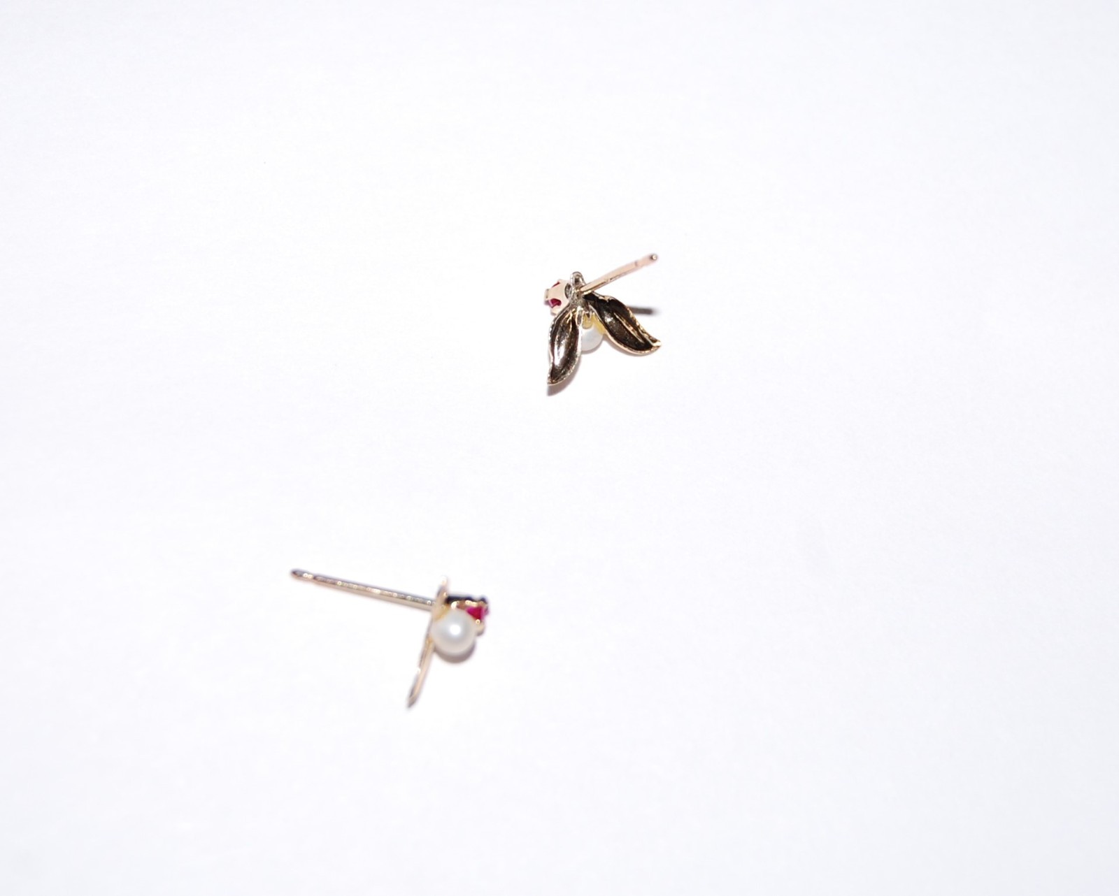 10K Solid Yellow Gold Studs Earrings Ruby Pearl G… - image 9