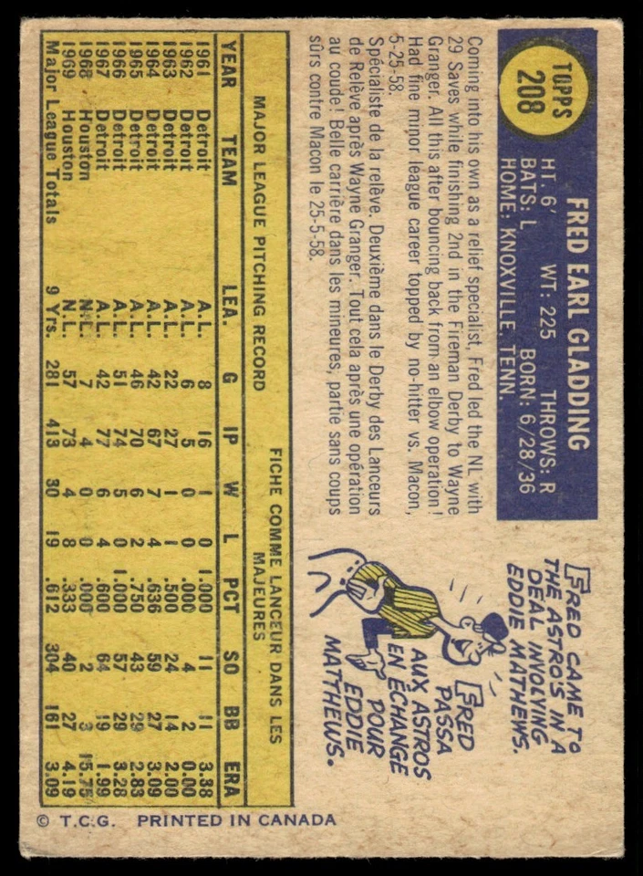 1970 O-Pee-Chee Fred Gladding Houston Astros #208 - Image 2 of 2