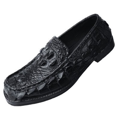 10 US Handmade Black Hornback Crocodile Leather Moccasin Shoes Men's Loafer