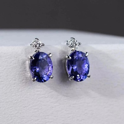 3.50Ct Oval Cut Lab Created Tanzanite Stud Earrings 14K White Gold Plated