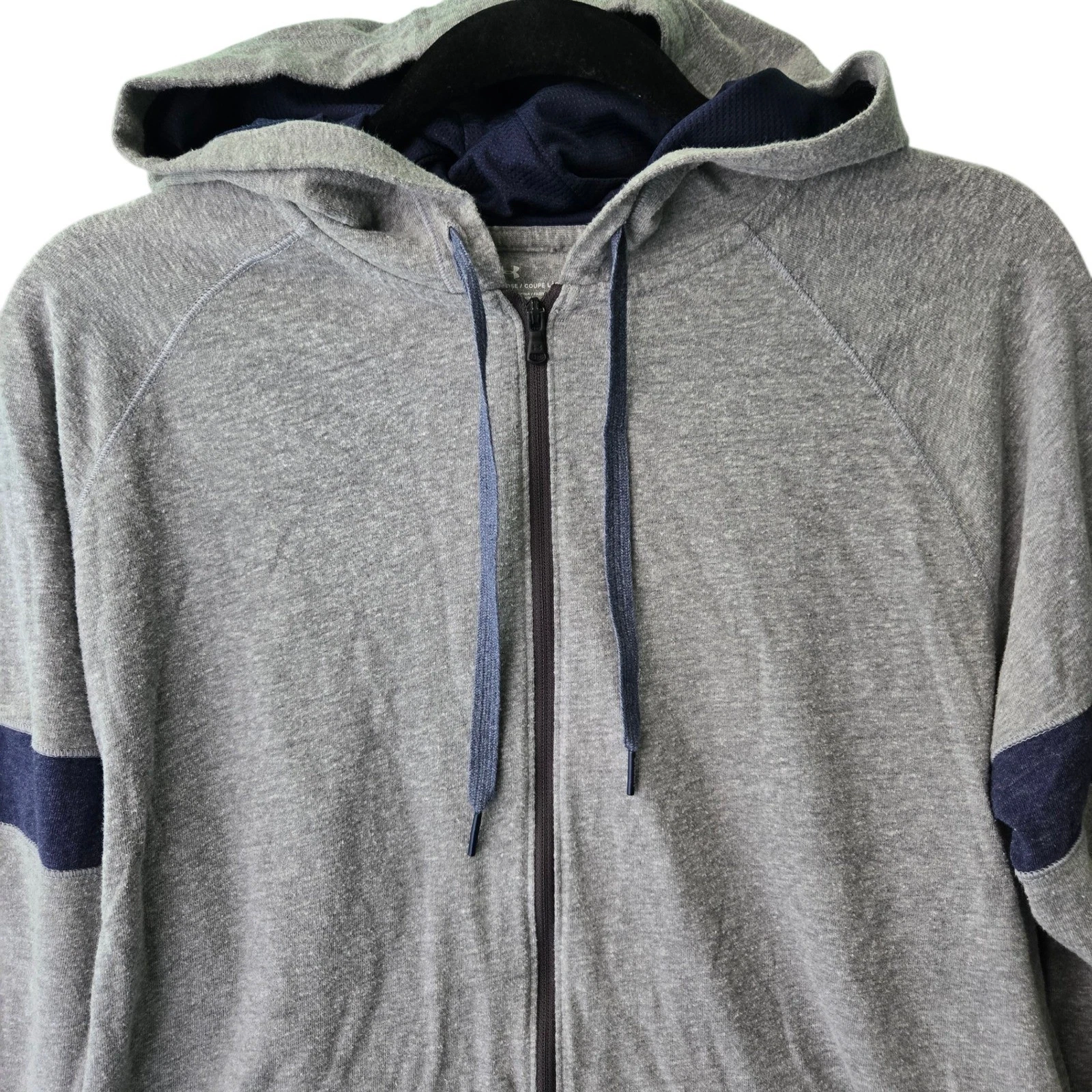 Under Armour Mens Gray Navy Blue Full Zip Hoodie Loose Fit Large Striped Raglan