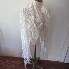 Hand Knit White Floral Shawl Fringe Vintage Handmade Cottagecore Boho Prairie