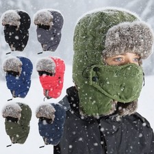 Winter Warm Hats with Removable Face Mask Earflaps Faux Fur Hunting Outdoor Hat