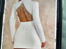 SHEIN White Rhinestone Open Back Long Sleeve Button Down Blazer/dress Size 4.