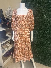 Sienna Sky Orange Cream Floral Midi Dress Square Neck Balloon Sleeve M