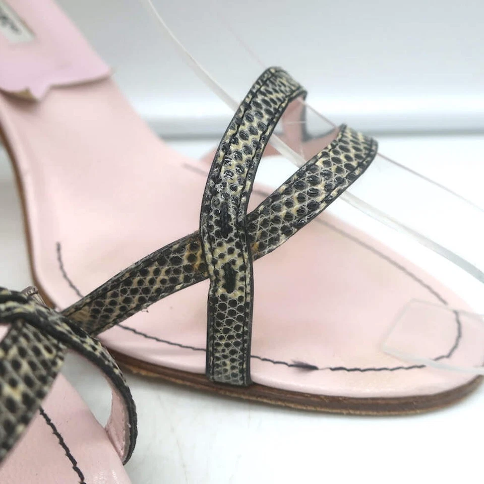 Manolo Blahnik Iriedo Lizard Skin Ankle Strap Sandals Cream/Black Size 38.5 - Image 2 of 4
