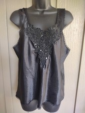 Vintage CINEMA ETOILE Cami Tank Top M Black Satin Sequin Lace Fairy Whimsy Goth