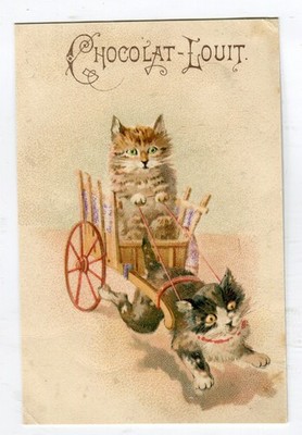 Glanzbilder Oblaten Karte Litho  Katzen-Gespann Louit  11,5 cm