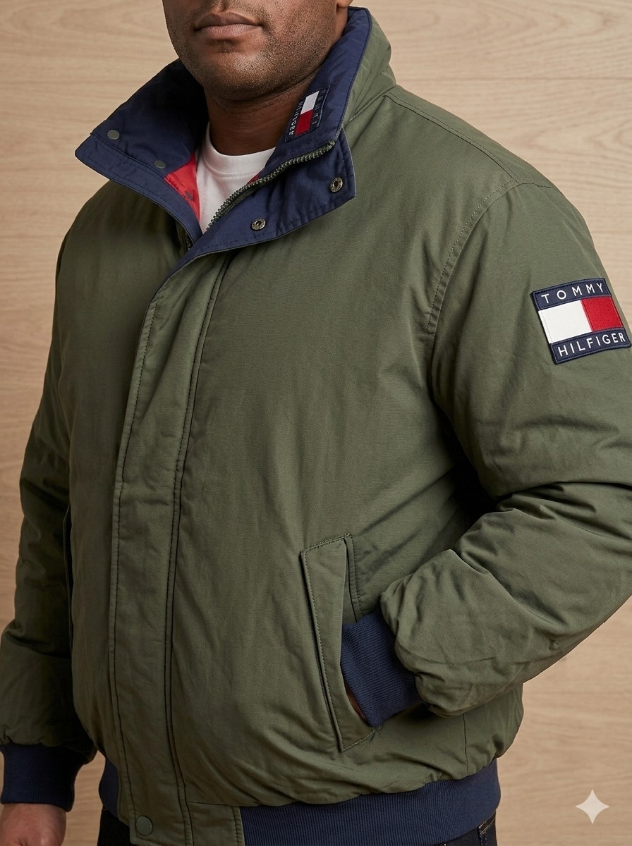 Vtg Tommy Hilfiger Mens L Olive Green Bomber Jacket Flag Crest Puffer Insulated 