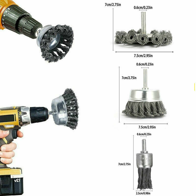 3pcs Rotary Steel Wire Brush Drill Attachment Cup Wheel Set Tool Rust