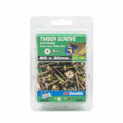 Zenith 8G x 30mm Gold Passivated Button Head Timber Screws - 100 Pack