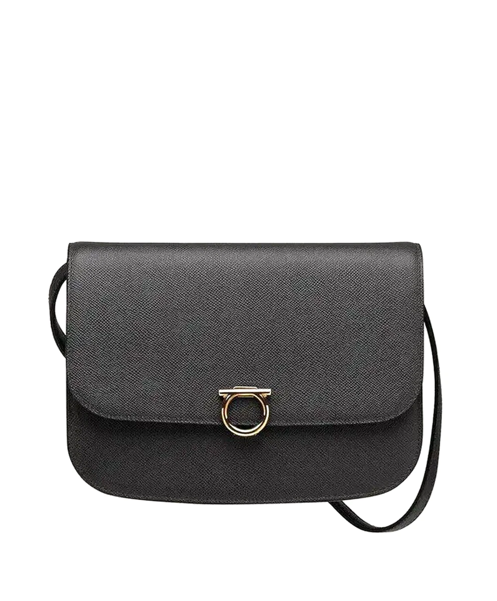 Salvatore Ferragamo 1250 Gancini Rounded Flap Saddle Shoulder Bag Black Pink