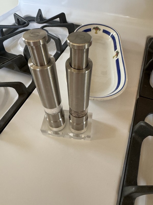Salt/Pepper Stainless Steel Individual Grinders..  With Acrylic Stand..