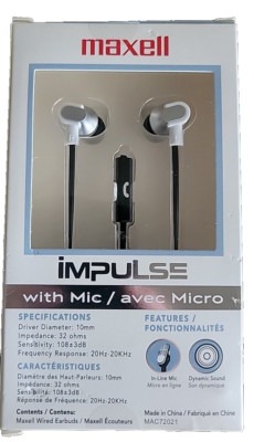 Maxell Impulse Wired Earbuds with MIC- Black Extreme Bass, Angled Secure Fit NEW