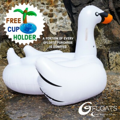 GIANT White Swan Pool Toy, Ride On-Fits 1-2 People FREE Palm Tree Cup Holder