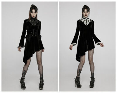 Punk Rave Gothic Lace Stand Collar Decorated Asymmetric Hem Flare Sleeves  Dress | eBay