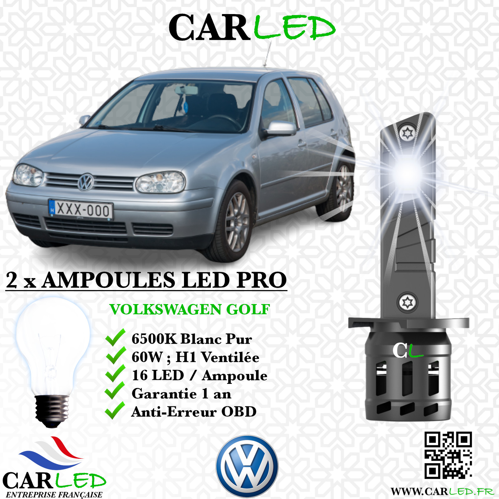 Kit ampoule LED Volkswagen Golf IV H7 blanc froid pour phares antibrouillard et feux