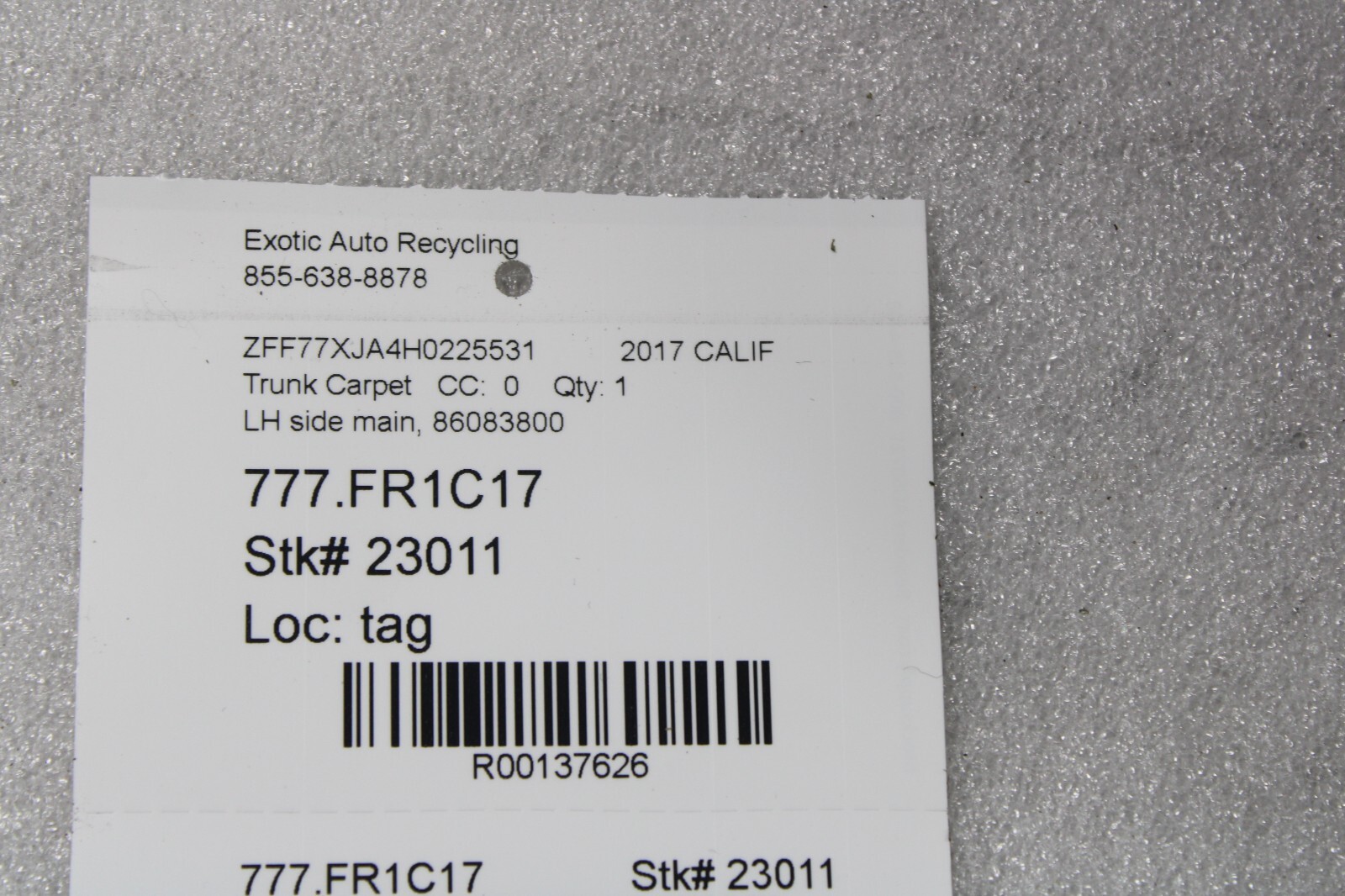 Ferrari California T, RH, Trunk Carpet Side Panel, Black, Used, P/N 86083800
