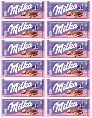 12 MILKA Alpine Milk Chocolate Bars with Strawberry Yogurt Filling 100g
