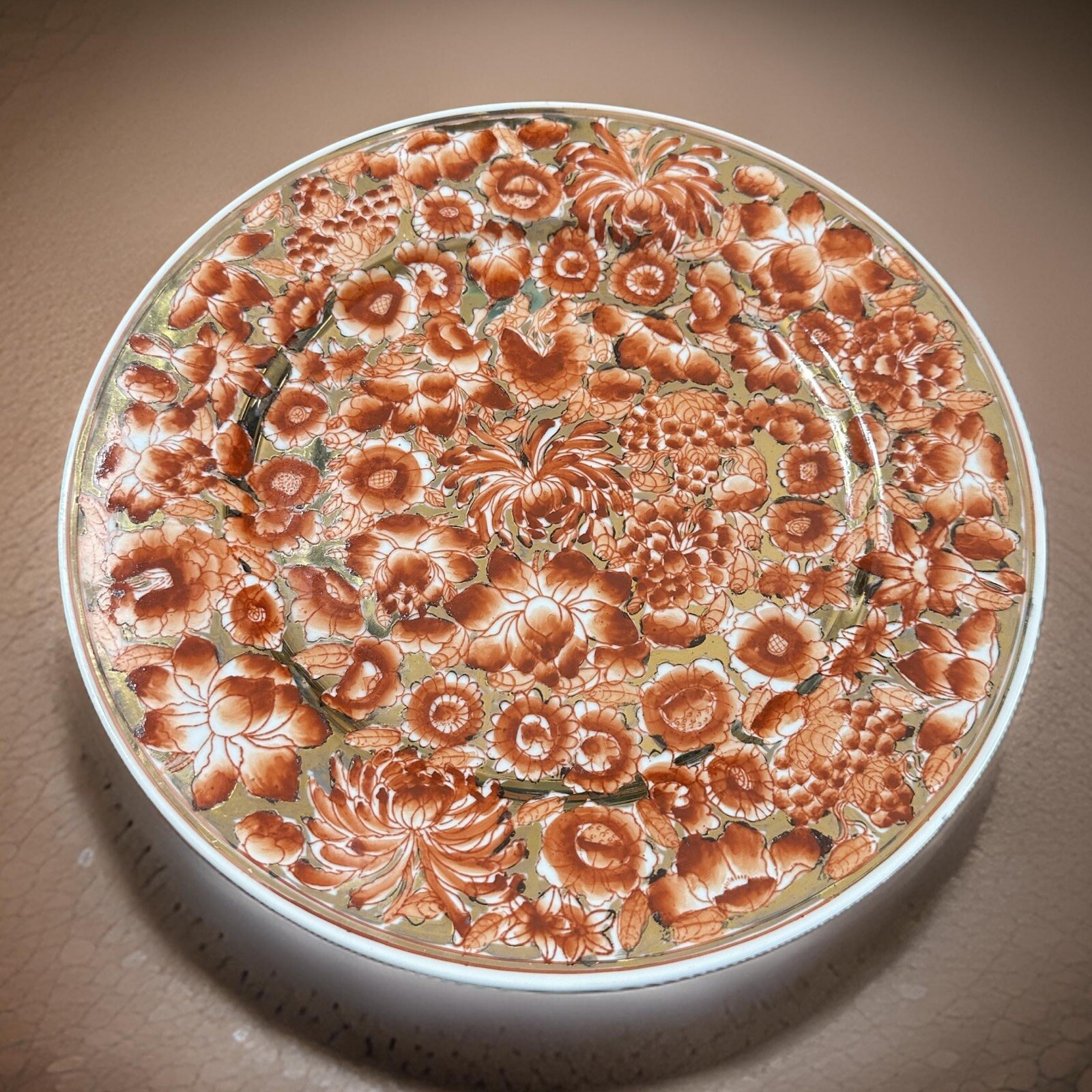 Large Chinese Export 12 inch Charger Plate Orange Gold Gilded Painted