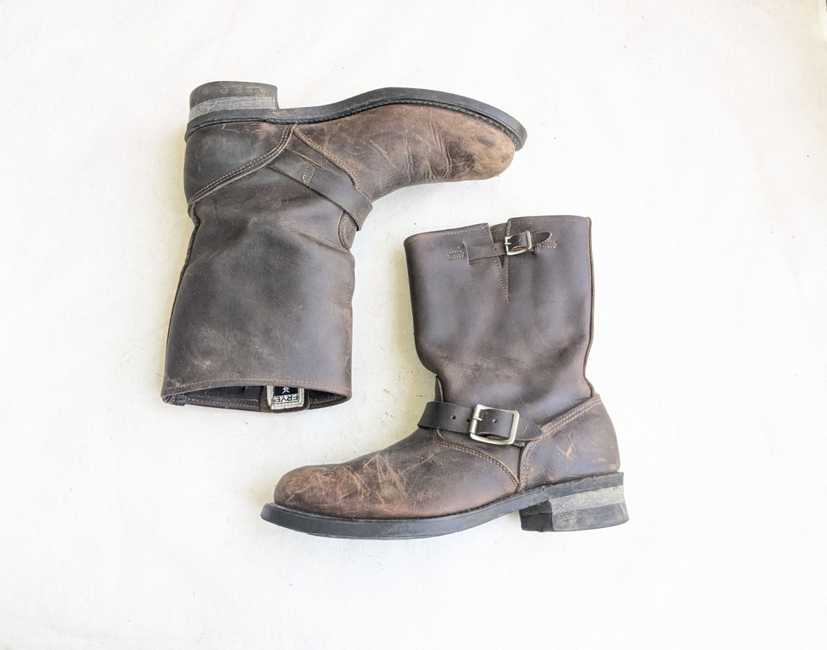 Frye Engineer Boots Brown Leather Men 10 M Buckle Rubber USA