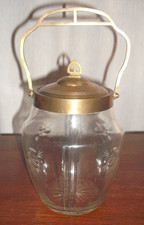 Ancien pot à biscuit en verre gravé et laiton 1900