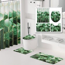 Bathroom Sets with Shower Curtain and Rugs - 4PC Green Geometric Shower Curta...