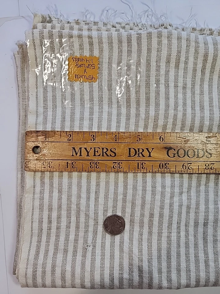 1.4yds X 45"w Vtg Ecru & Greige Vertical Striped Linen Sewing Drapery Fabric - Image 4 of 4