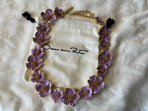 Oscar De La Renta Gold Tone Purple Enamel Flower Necklace