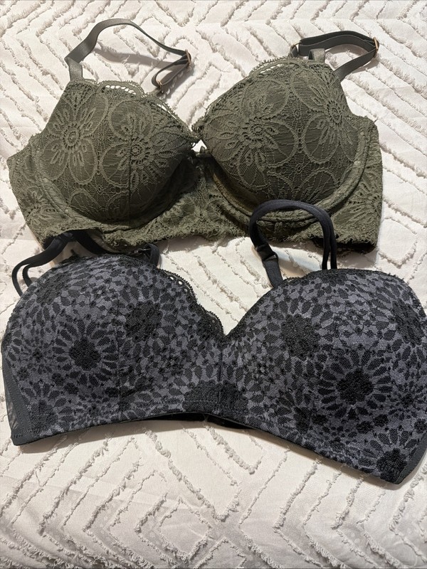 Lot of 2 Aerie Lace Bras 32B Olive Green And Black & Gray Push up 