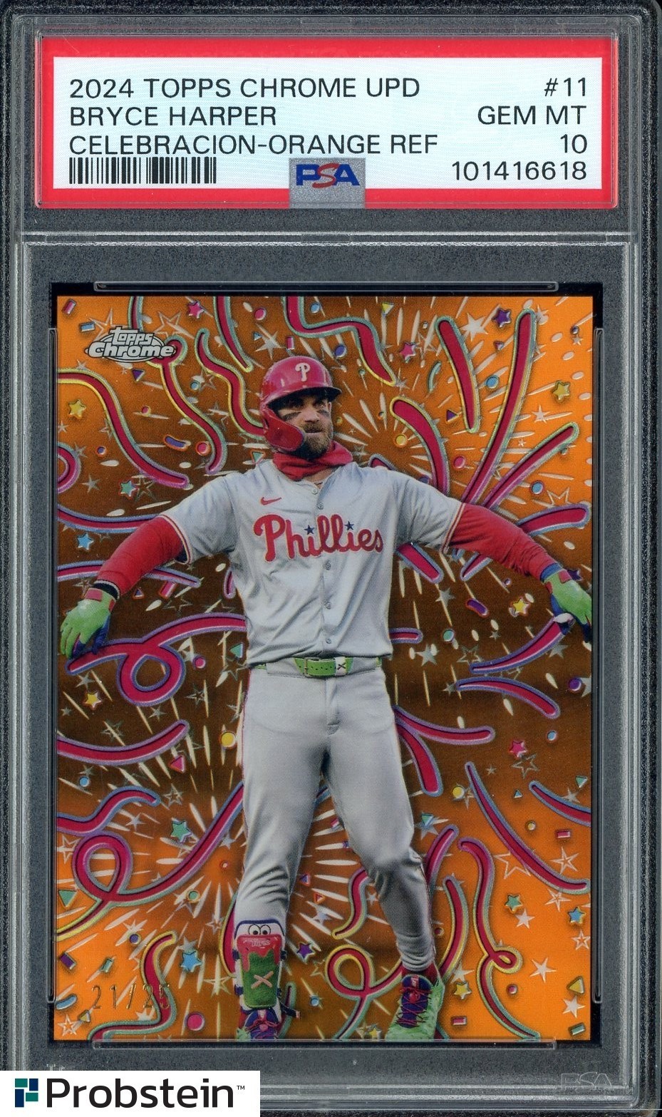 2024 Topps Chrome Update Celebracion Orange Refractor Bryce Harper /25 PSA 10 view 1