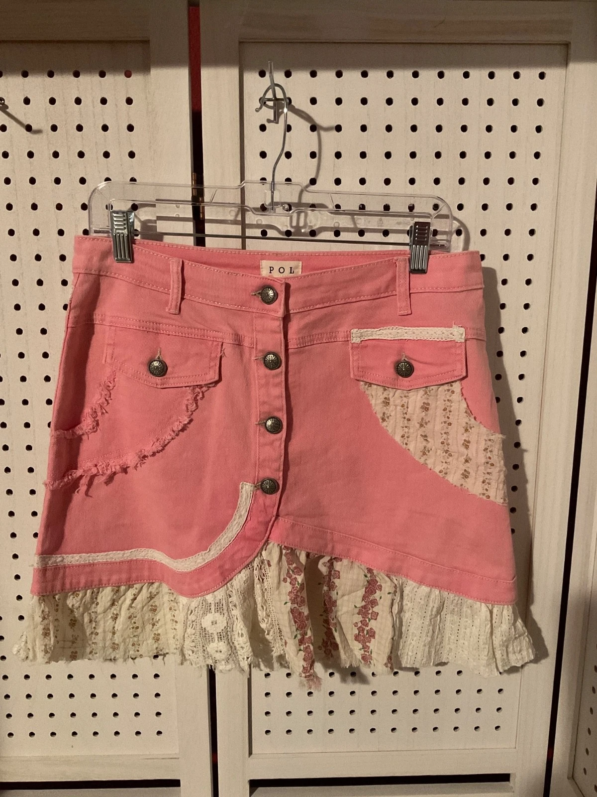 NWT POL Pink denim floral lace boho skirt size Medium