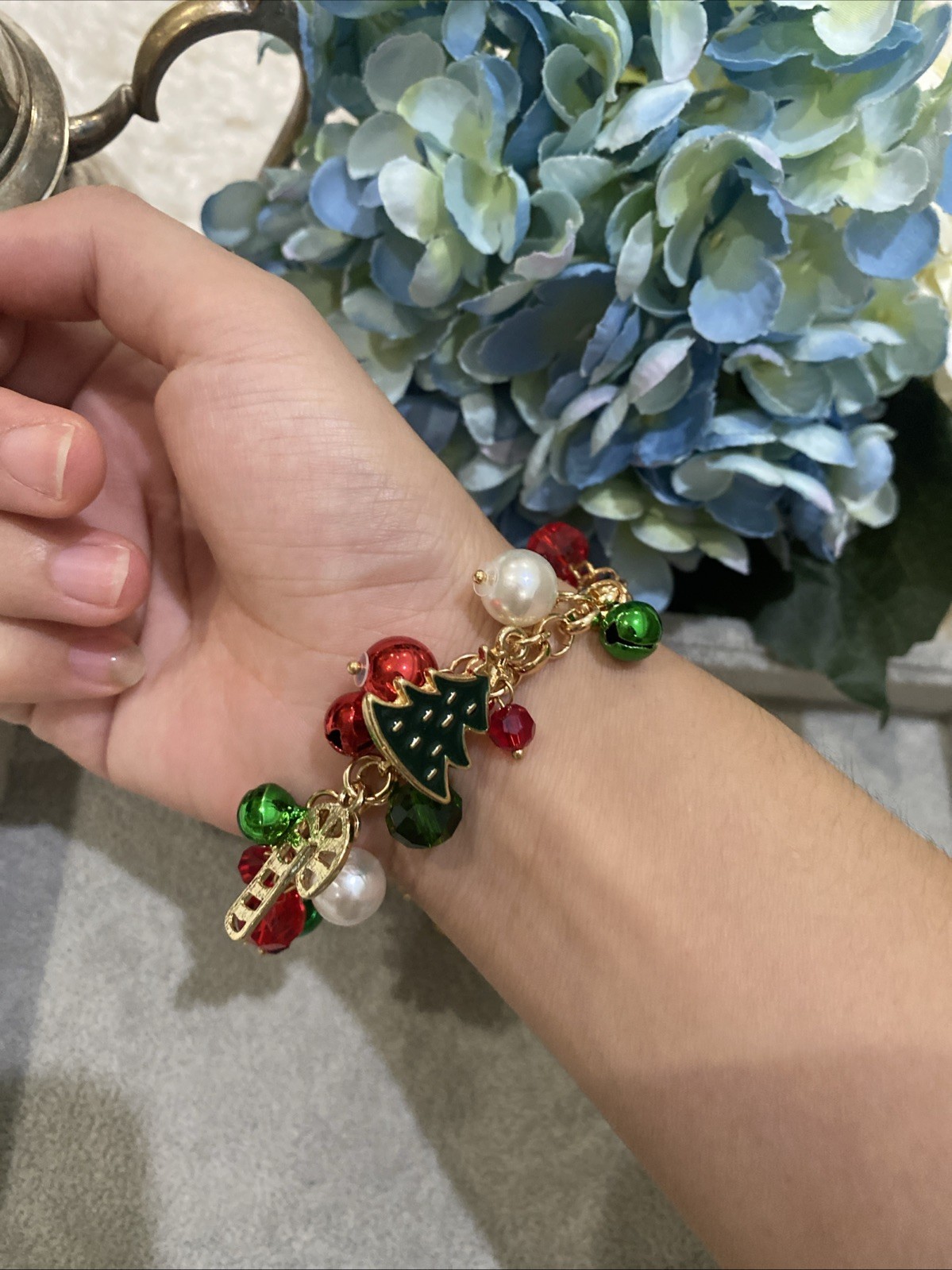 Christmas Charm Bracelet Red Green Gold Jingle Bells Holiday Jewelry