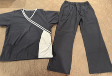 Navy/light blue Unisex Medical Scrubs Set Patterned Top Pants Size M