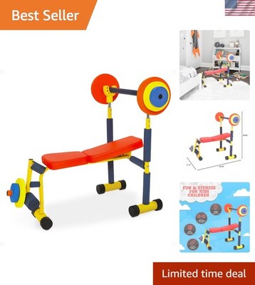 Adjustable Kids Weight Bench Set with Barbell & Foam Weights - Safe Fun Exercise