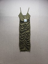 Missguided Women Midi Dress Green V Neck Spaghetti Straps Ruched Pullover Party