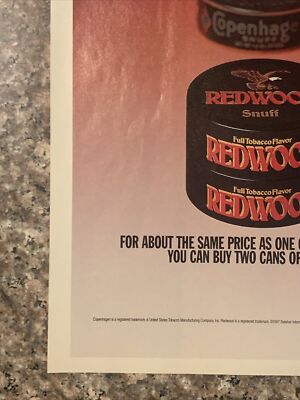 redwood chewing tobacco 1997 Redwood Snuff Chewing Tobacco PRINT AD 2 Cans Same - 1 Copenhagen VTG  1990s