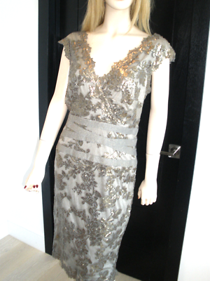 STUNNING TADASHI SHOJI SEQUIN LACE&TULLE KHAKI BSIGE MIDI DRESS FITS SZ  12/14 | eBay