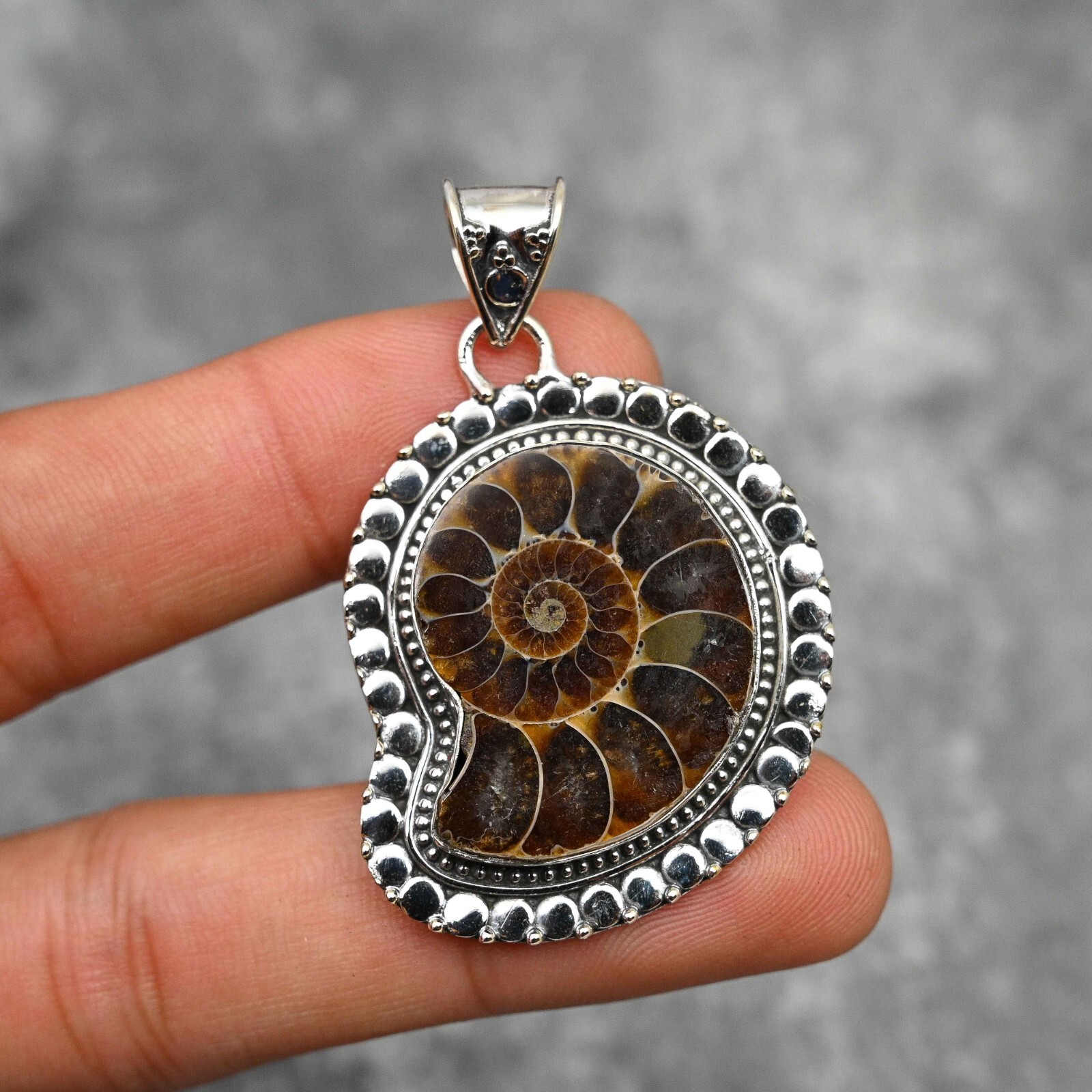 Ammonite Fossil Pendant in 925 Sterling Silver Handmade Jewelry Gift  