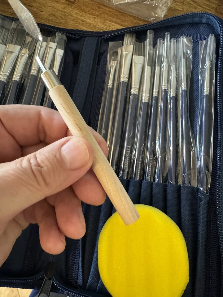 US Art Supply 16 Pc Long Handle Bristle Hair Artist Paint Brush Set Sponges  Cas - Image 3 of 4