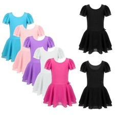 Kids Girls Ballet Dance Dress Leotard Costume Short Sleeves Tutu Skirt Dancewear