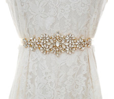 Gold crystal beaded bridal white sash belt