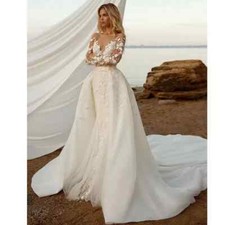 Detachable 2 in 1 Lace White Wedding Dress Long sleeves Mermaid bridal gown