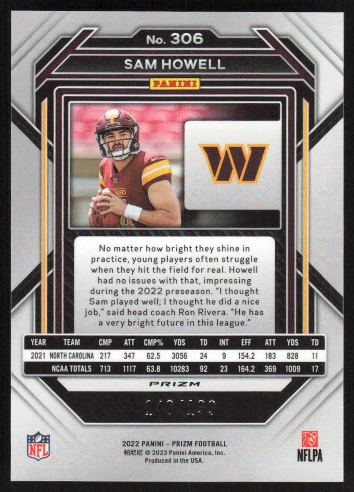 2022 Panini Prizm Blue Wave Rookie #306 Sam Howell /199 Washington Commanders - Image 2 of 2