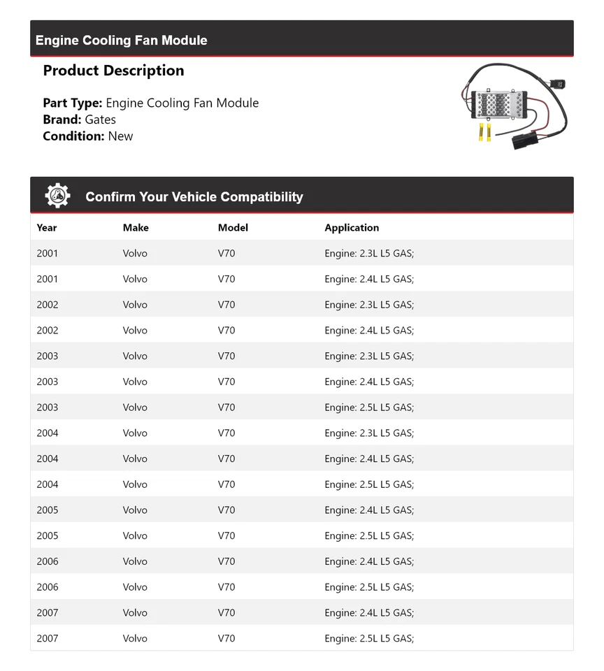 For 2001-2007 Volvo V70 Engine Cooling Fan Module Gates 2002 2003 2004 2005 2006 - Image 2 of 4