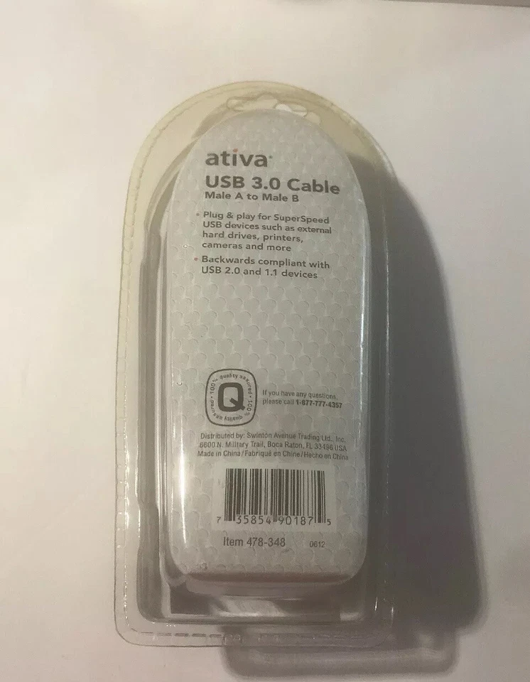 New in Package, Ativa SuperSpeed USB 3.0 Cable Male A to Male B, 6 ft / 1.8m - Image 4 of 4